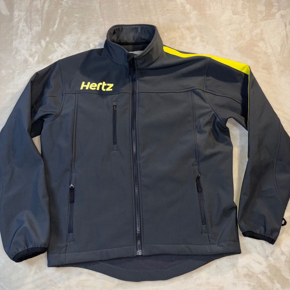 Hertz Doc & Amelia by Cintas Softshell Jacket Grey Yellow Uniform Mens Medium